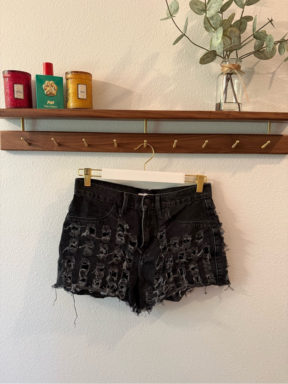 Good American Black Distressed High-Rise Jean Shorts